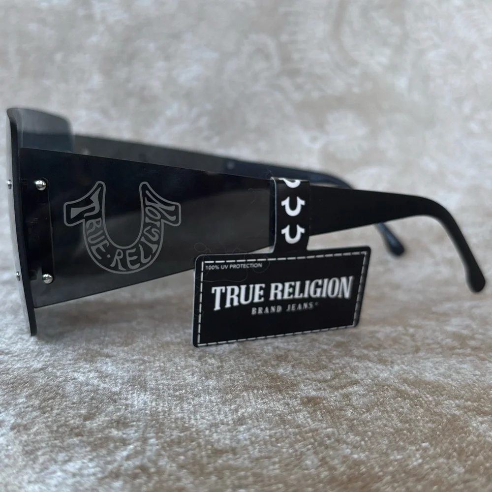 Brand New True Religion Black Rimless Shield Sunglasses Retro Wide Arm Horseshoe